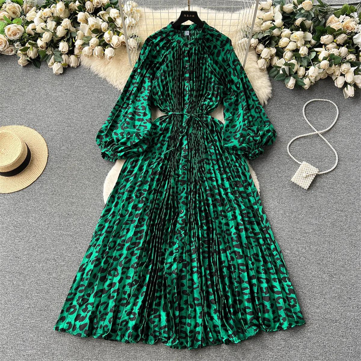 Retro Print Elegant Pleated Lantern Long Sleeve O Neck Single Breasted Dress A-line  Casual High Waist Women Summer Dresses