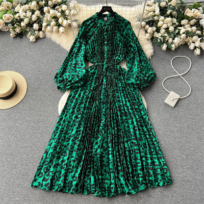 Retro Print Elegant Pleated Lantern Long Sleeve O Neck Single Breasted Dress A-line  Casual High Waist Women Summer Dresses