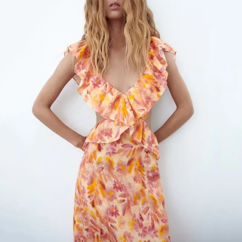 Slip Dress 2024 Summer Sleeveless Beach Style Ruffled Printing Vacation Fashion Women Casual Long Dress
