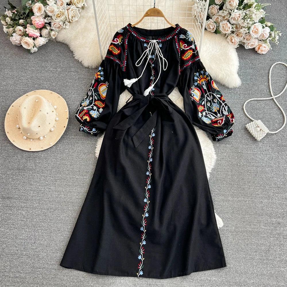 Boho Vintage Spring Autumn Women's Dress Ethnic Style Sundress Long Sleeve Embroidered Cotton Linen Black Beach Dresses платье