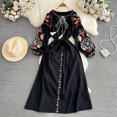 Boho Vintage Spring Autumn Women's Dress Ethnic Style Sundress Long Sleeve Embroidered Cotton Linen Black Beach Dresses платье
