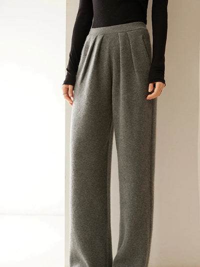 ADDONEE Women 100% Cashmere Pants Pleated Waist Wide Leg Pants Casual Simple Style Autumn Winter Cashmere Knit Trousers Luxury