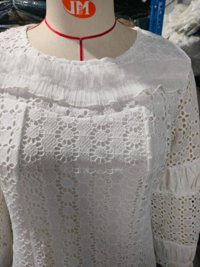 White Lace Dresses for Women Wedding Guests Elegant Turn Down Collar Puff Sleeves Pleated Hem Midi Dress Luxury Occasion Clothes