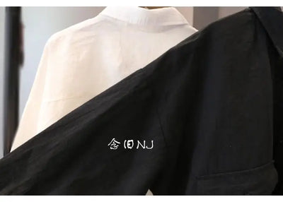 Cotton Linen Women Medium-Length White Polo Shirt Women Large Size Women Clothing Spring Autumn Design Niche Long-Sleeved Shirt