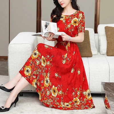 New Fashion 2024 Print Summer Dresses For Women Short Sleeve O-Neck Elegant Summer Dress Woman Clothing