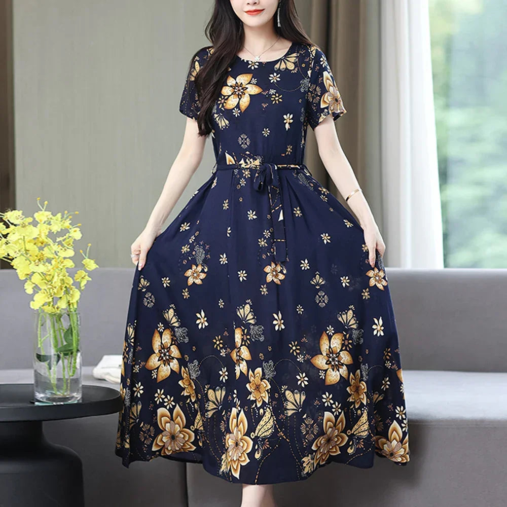New Fashion 2024 Print Summer Dresses For Women Short Sleeve O-Neck Elegant Summer Dress Woman Clothing