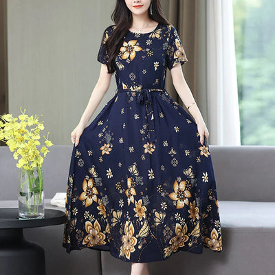 New Fashion 2024 Print Summer Dresses For Women Short Sleeve O-Neck Elegant Summer Dress Woman Clothing
