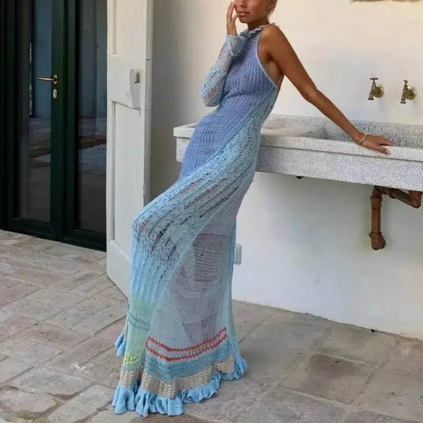 Crochet Knitted Dress for Women Contrast Hollow-Out See-Through One Shoulder Long Sleeve Beach Dress Bikini Cover-Ups