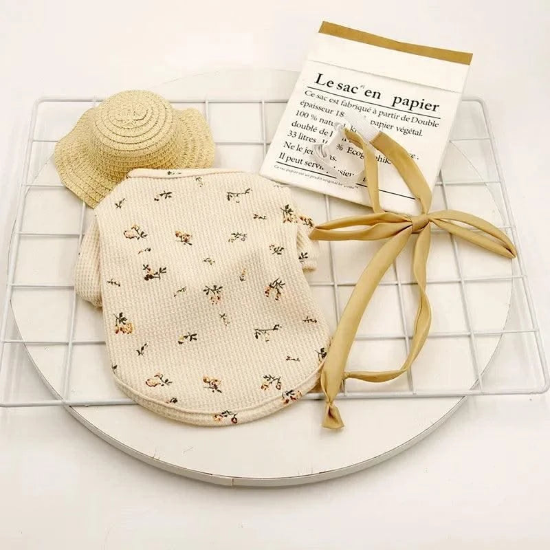New Pet Clothes Summer Cotton New Cat Clothes Cat Waffle Floral Bow Vest Fashion Flying Sleeves Puppy Clothes Girl