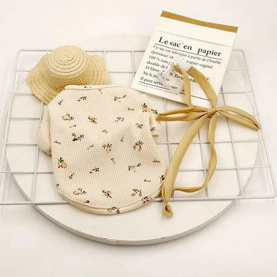 New Pet Clothes Summer Cotton New Cat Clothes Cat Waffle Floral Bow Vest Fashion Flying Sleeves Puppy Clothes Girl