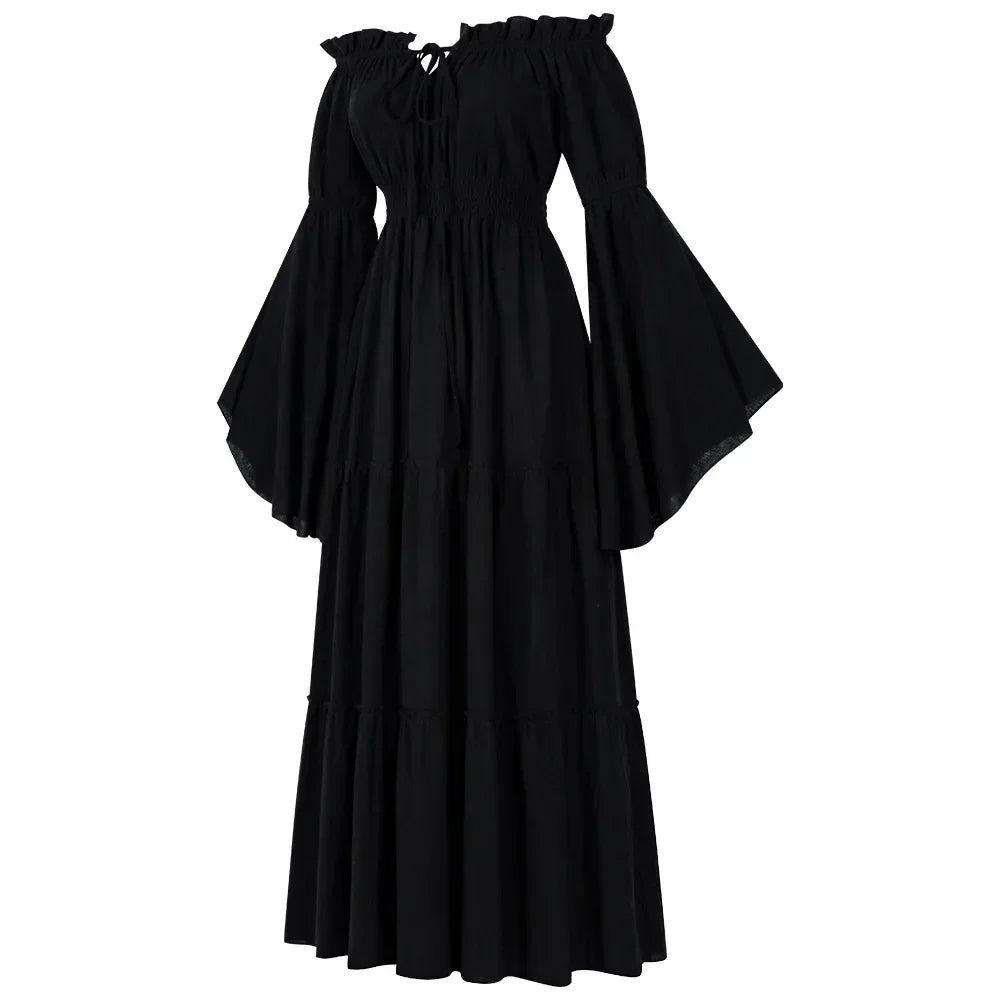 Women Renaissance Irish Dress Off Shoulder Medieval Peasant Dress Pirate Costume Wench Retro Gown Smocked Waist Maxi Long Dress
