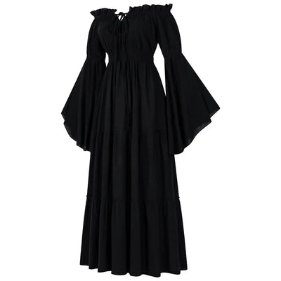 Women Renaissance Irish Dress Off Shoulder Medieval Peasant Dress Pirate Costume Wench Retro Gown Smocked Waist Maxi Long Dress