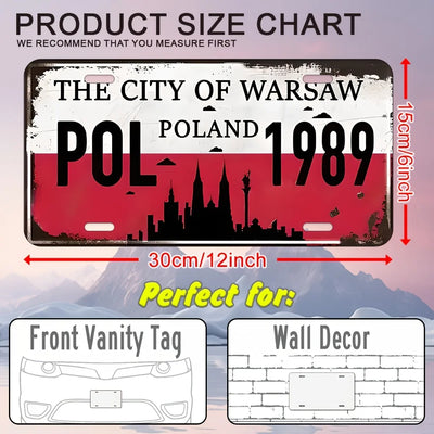 Warsaw 1989 Aluminum Wall Art -  Retro Metal License Plate with Cityscape Design, Polish Flag & "POL" Text, Durable Decor for H