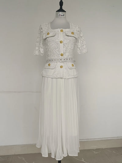 Luxury Evening Dress Women Summer Vacation Short Sleeve Pleated Lace Chiffon Long Dresses White Single Breasted Midi Party Robe