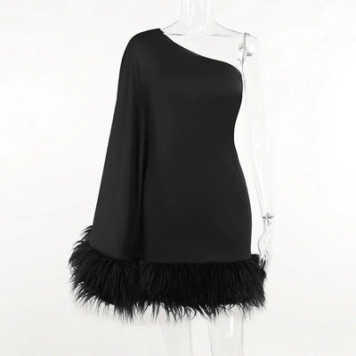 Women Elegant Club Dress Mujer Sexy One Shoulder Sleeve Feather Hem Cloak Dress Autumn Winter Ladies Party Loose Backless Dress