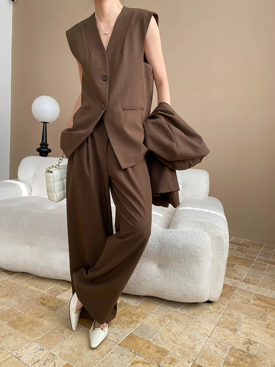 Spring and Autumn Women's Casual Solid Color Loose Jacket+V-neck Vest+Wide Leg Pants Set