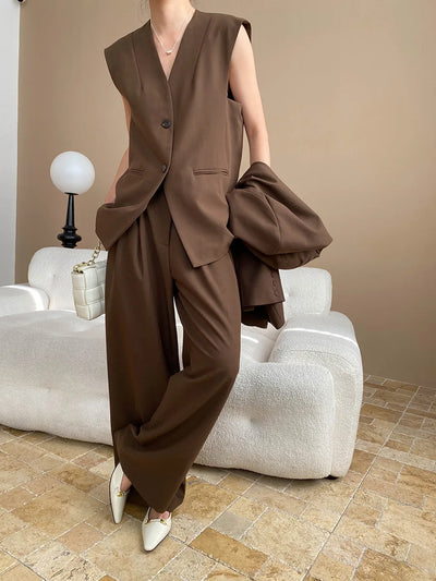Spring and Autumn Women's Casual Solid Color Loose Jacket+V-neck Vest+Wide Leg Pants Set