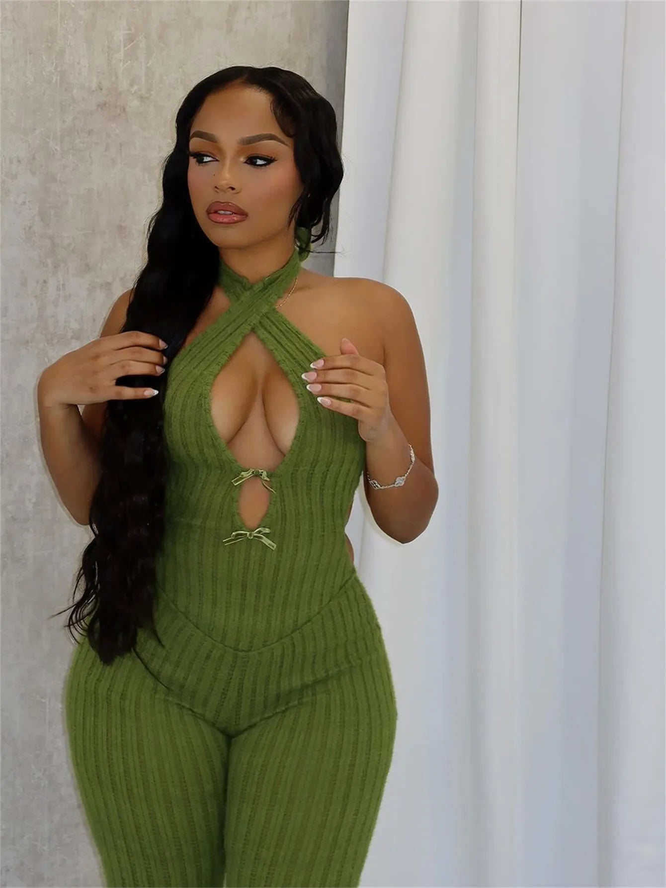 Joskaa Knitted Halter Backless Jumpsuit Women Sexy Deep V-Neck Bow Sleeveless Skinny Overalls 2025 Fitness Sportswear Clubwear