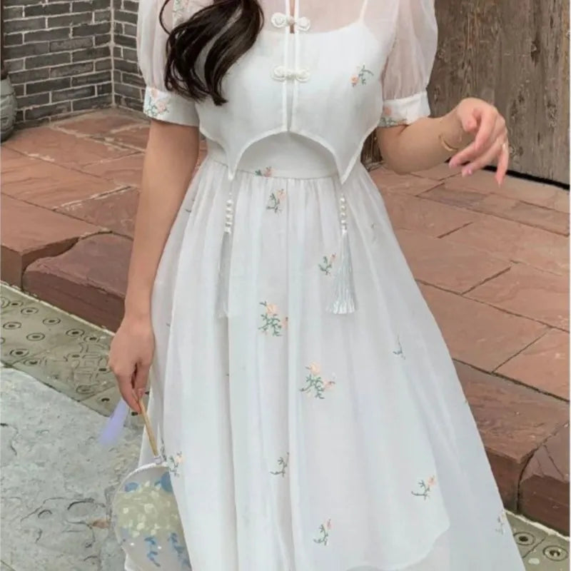 Dress Sets Summer Women Chinese Style Floral Hight Waist Mesh Midi Dresses Elegant Casual Gentle Wind Female Dress Vestidos