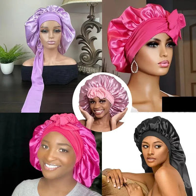 Silk Bonnet For Women Large Sleeping Cap For Hair Care Soft Satin Bonnets With Wrap Tie No Frizz No Fly Aways Hair Bonnets LOGO