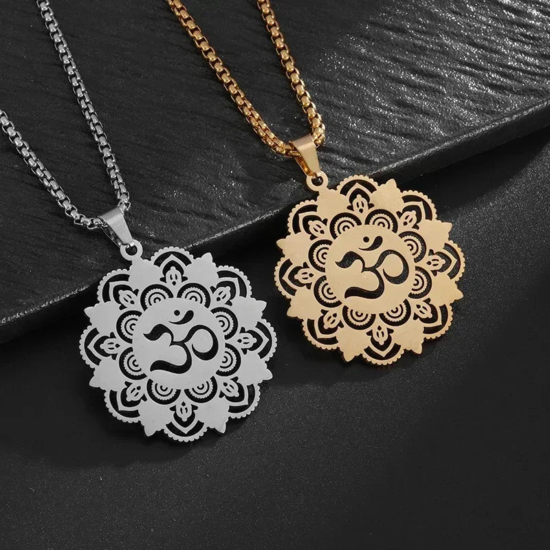 Stainless Steel Indian Religious Mandala Lotus Symbol Pendant Necklace Men Women Yoga Om Casual Jewelry