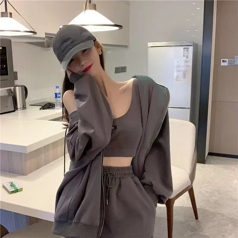 Shorts Three 3 Piece Sets Women Casual Vest Drawstring Short Hooded Zipper Jacket Sportswear Suits Y2k Streetwear Sports Hoodies