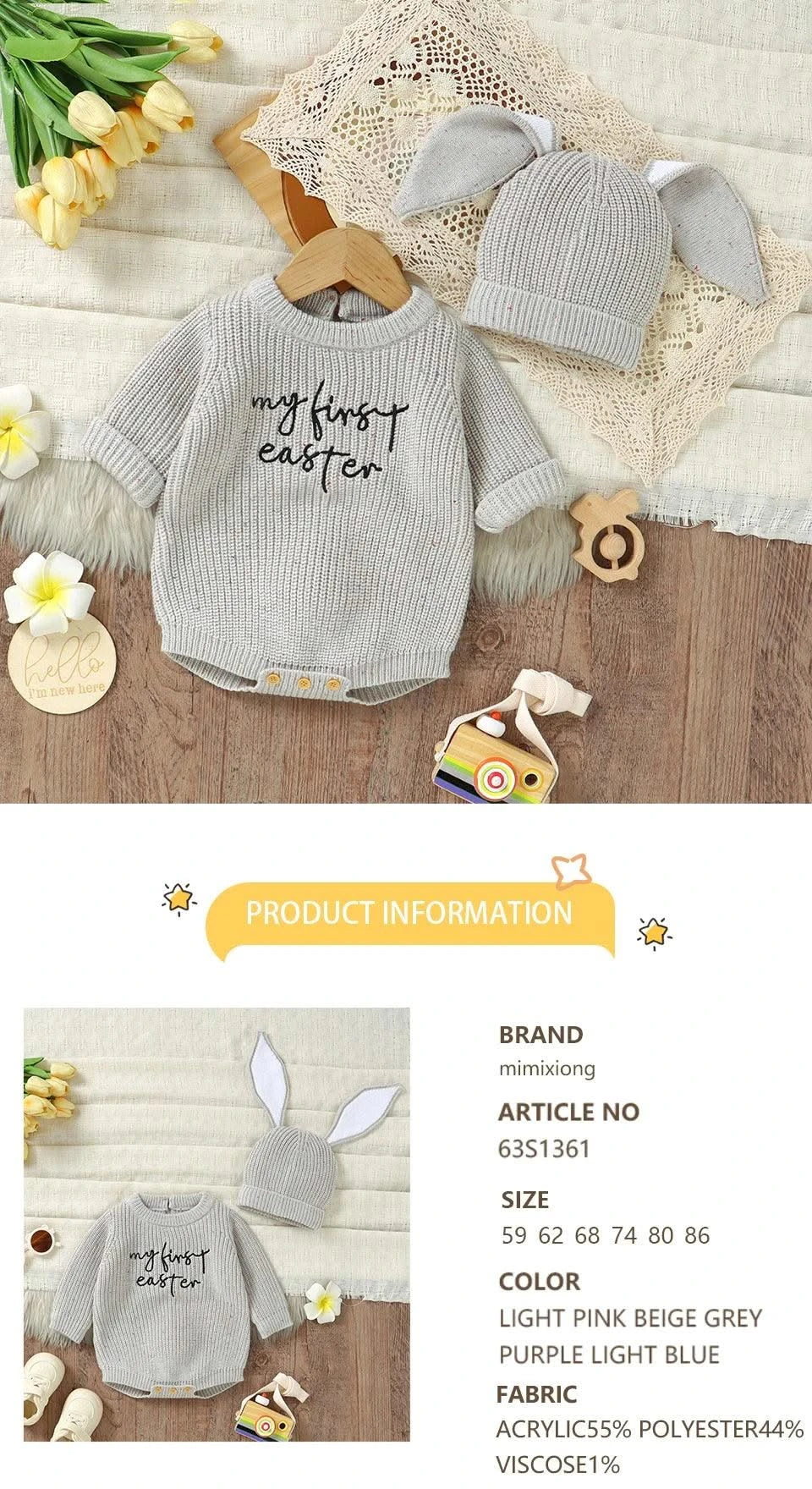 2pcs/Set 0-18m Knitted Jumpsuits Costume| Baby Rabbit Easter Clothes Sets |Cute Hats+ Bodysuits Spring Outfits for Newborn Boy Girl