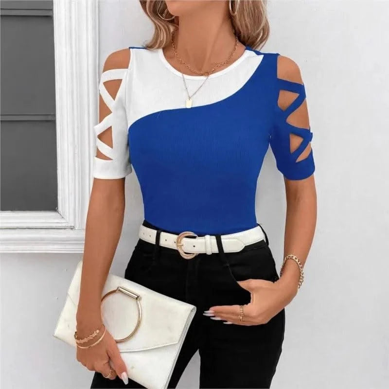 Women's Blouses T-shirt Summer New Colour Block Cross Off Shoulder
