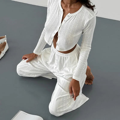 Women Homewear Two Piece Pajamas Set Elegant Long Sleeve Crop Top Wide Leg Pants Suit Outfits Loungewear Sleepwear Pyjamas