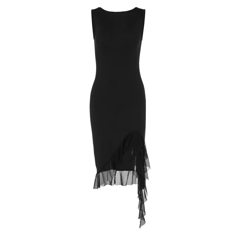 Women Maxi Dress Summer Elegant Solid Sleeveless Nipped Waist Slim Backless Ruffled Irregular Party Dresses Streetwear