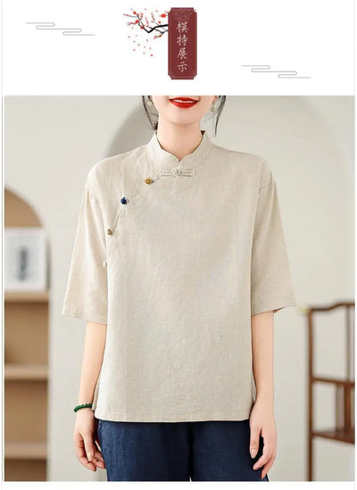 New Women's Retro Cotton Linen Short-sleeved Shirt with Diagonal Placket and Stand-up Collar Tea Top