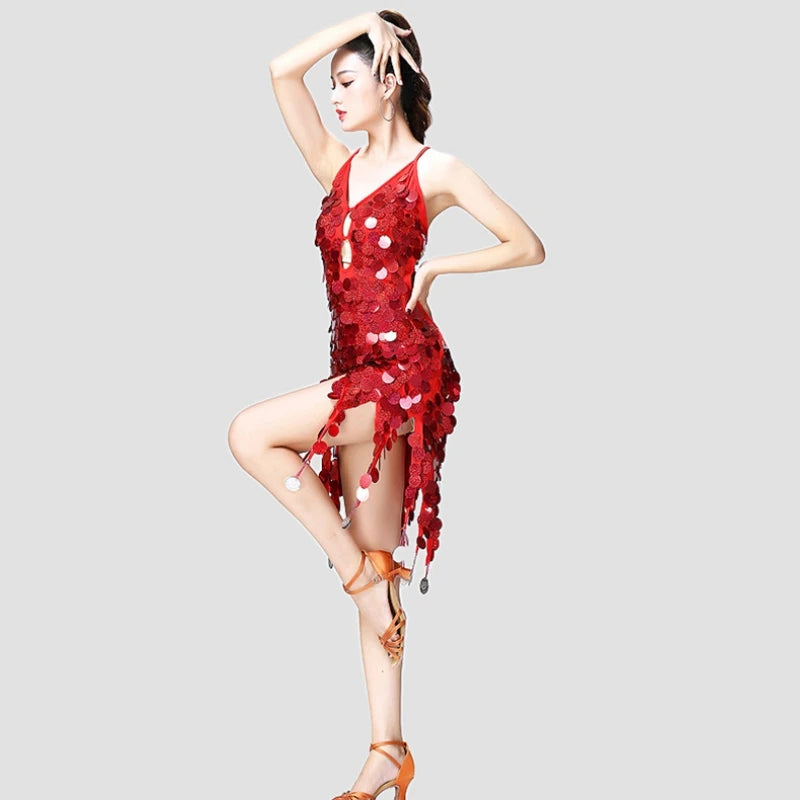 Women's Sexy Deep V Hollow Out Sequin Backless Sling Latin Dance Dress Ladies Charming Salsa Rumba Samba Tango Dancewear