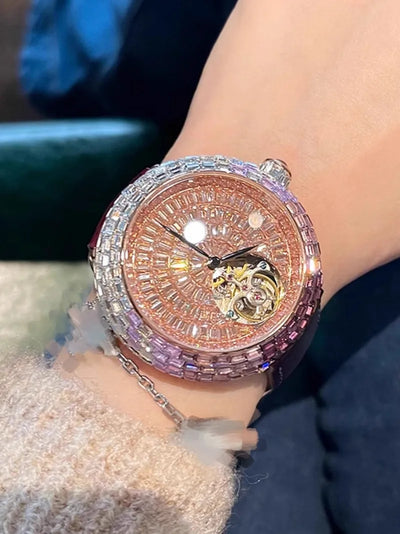 Ladies Fashion Mechanical Watch Designer New Elegant Luxury Diamonds Genuine Leather Strap Needle Buckle Women Fine Wristwatch