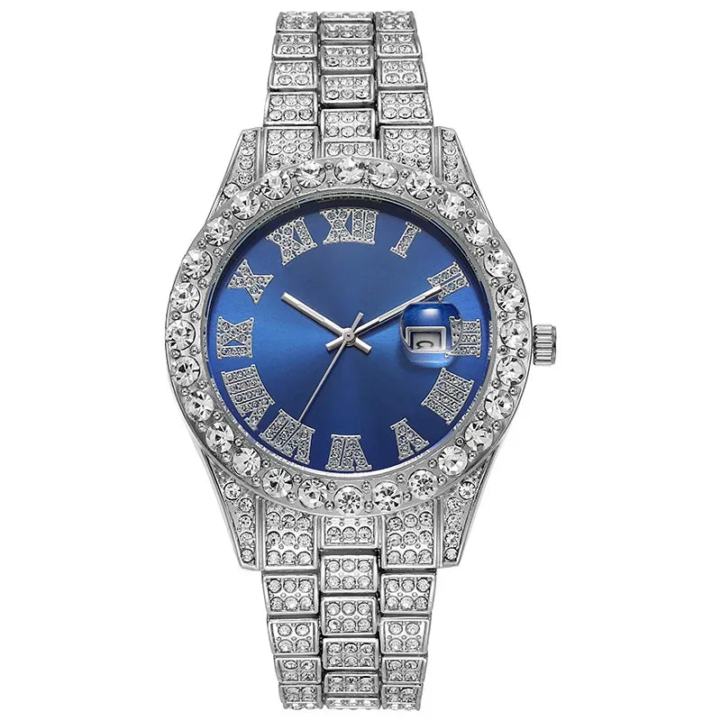 Personalized Hip Hop Watch with Shiny Rhinestones for Men, Luxury Clock, Band Length, Iced Steel Belt, 40mm Diameter Glass Dial