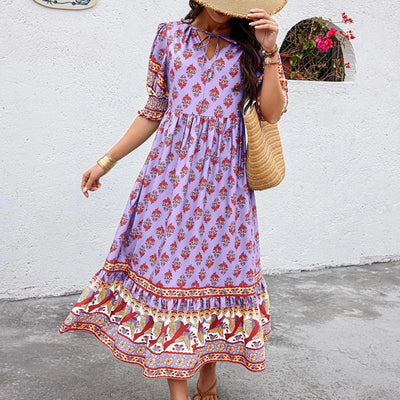 dresses for women Fashion summer Casual long dresses Bohemian V-Neck Printed High Waisted Big Swing Dress vestidos cortos