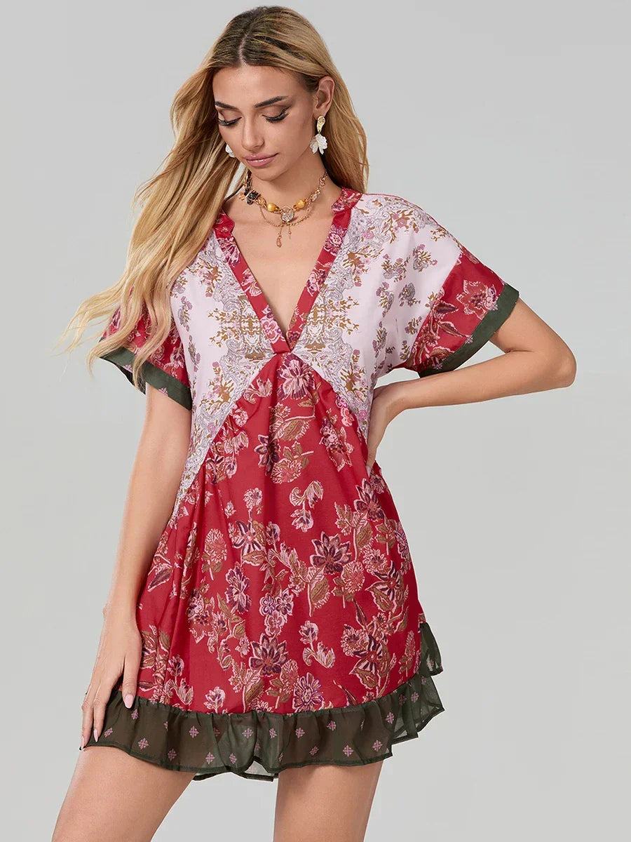 Women Summer Babydoll Dress Bohemian Holiday Vintage Floral Print Short Sleeve Deep V-Neck Flowy Dress with Pockets