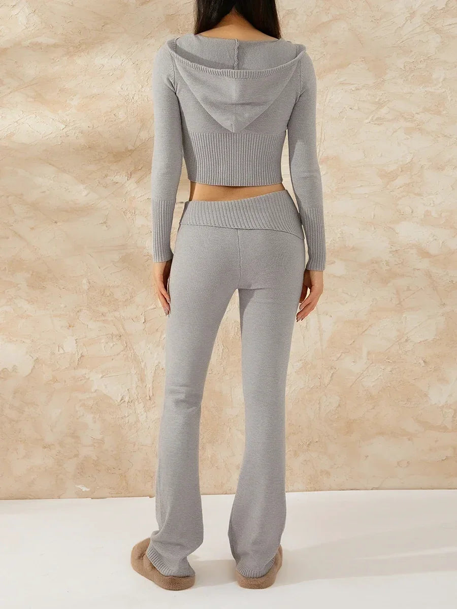 Women Tracksuit  Knit Lounge Set Long Sleeve Zip Up Hoodie with High Waist Wide Leg Pant 2 Piece Sweater Ensemble Casual Set