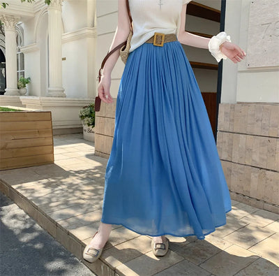 2025 New High Waisted Cotton Linen Pleated Midi Skirt – Summer Flowy A-Line Maxi Skirt for Women, Breathable & Elegant
