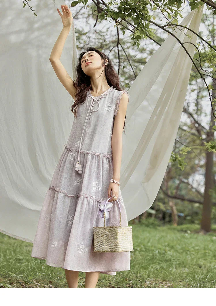 MISHOW Summer Embroidered Dress for Women 2025 New Round Neck Ruffled Sleeveless A-line Midi Dresses Female Fashion MXE33L2231