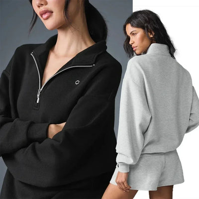 Women Sweatshirt  Accolade 1/4 Zip Pullover Yoga Leisure Top Stand Up Collar Coat Hoodie Fitness Loose Wide Leg Shorts Sport Set