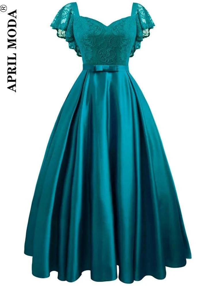 Summer Burgundy Party Dress Floral Lace Long Women Short Sleeve Ruffle Elegant Red Blue Black Casual Maxi Date Satin Vestidos
