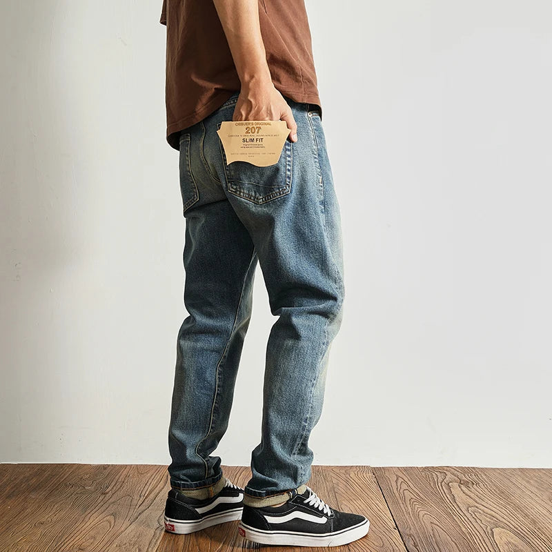 14 oz Red Denim Jeans for Men Retro Slim Straight Stretch made old wash heavy weight hem denim pants trend
