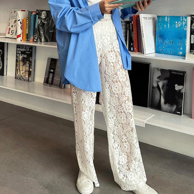 Women Fashion Lace Wide Leg Pants Casual Loose Sheer Lace High Waist Trousers for Work Office Streetwear