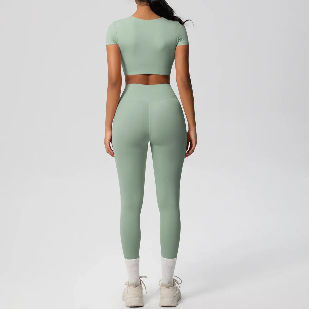 Yoga Set 2 Pieces Women Tracksuits Workout Sportswear Gym Clothing Fitness Short Sleeve With Padded High Waist Leggings Suits