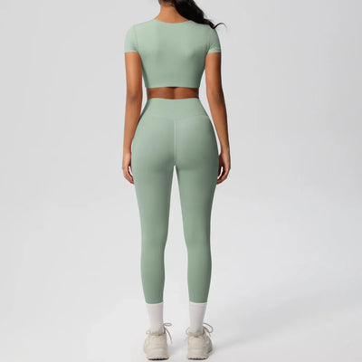 Yoga Set 2 Pieces Women Tracksuits Workout Sportswear Gym Clothing Fitness Short Sleeve With Padded High Waist Leggings Suits
