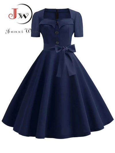 Women Summer Dress Elegant Retro Vintage 50s 60s Robe Rockabilly Swing Pinup Dresses Casual Red Party Vestidos