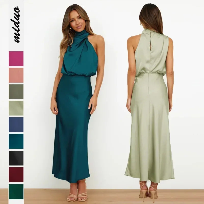 2025 Spring/Summer Long Dress for Women High Waist Halter Satin Sleeveless Dress Fashion Elegant Solid Evening Party Dresses