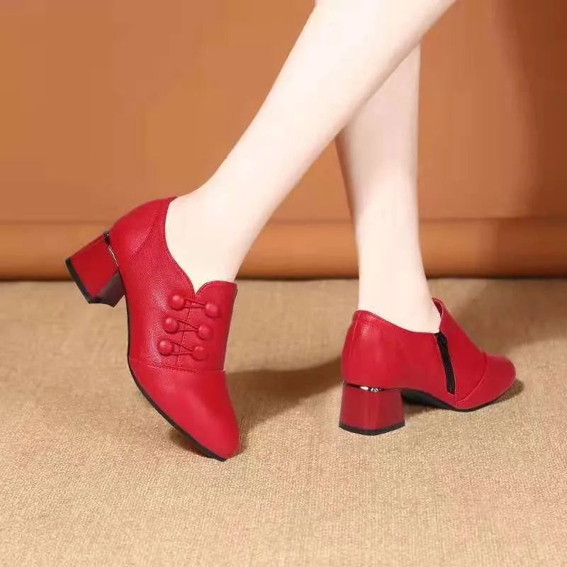 Women's Boots 2025 New Casual Leather Shoes for Women Comfort Office Low Boots Pointed Toe Ladies High Heels Red Wedding Shoes