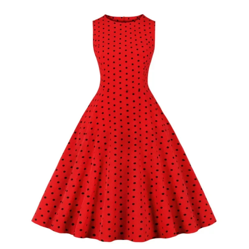 2025 New Women Party Dress Dot Print Sleeveless A Line 50s Evening Gowns Red A-line Tight Waist Prom Banquet Summer Midi Dress - Elanique