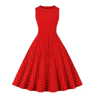 2025 New Women Party Dress Dot Print Sleeveless A Line 50s Evening Gowns Red A-line Tight Waist Prom Banquet Summer Midi Dress - Elanique